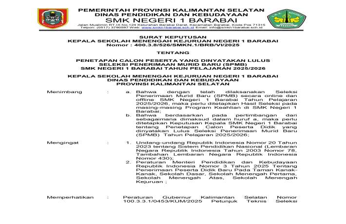 SK SPMB SMKN 1 BARABAI TAHUN PELAJARAN 2025-2026